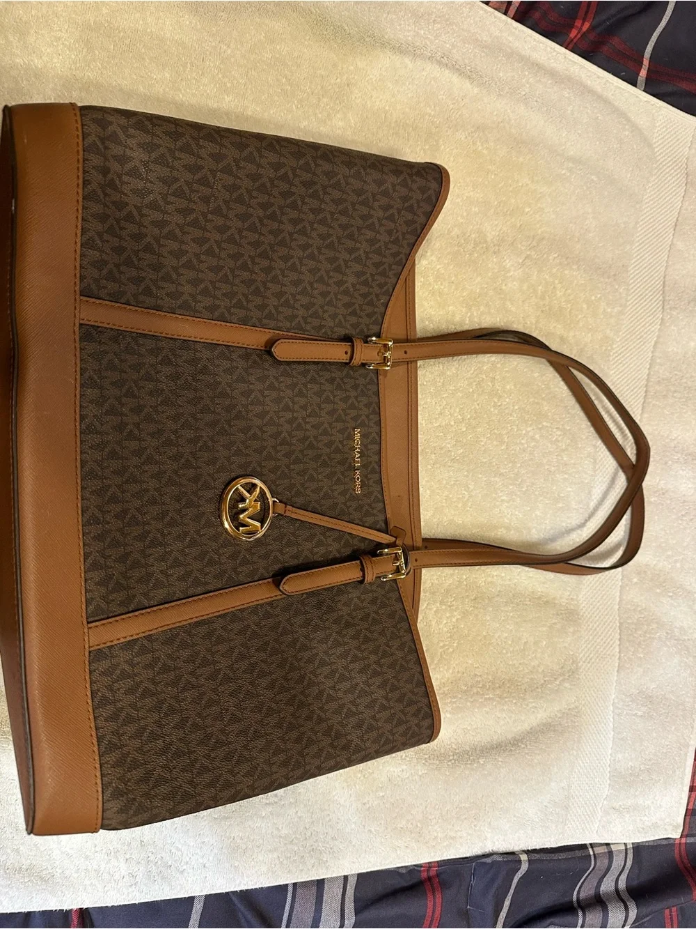 Michael Kors Brown & Tan MK Logo Tote with Gold Accent - Picture 4 of 4